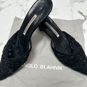 Manolo Blahnik Black Suede Kitten Heel Mules with Fretwork Size 37.5